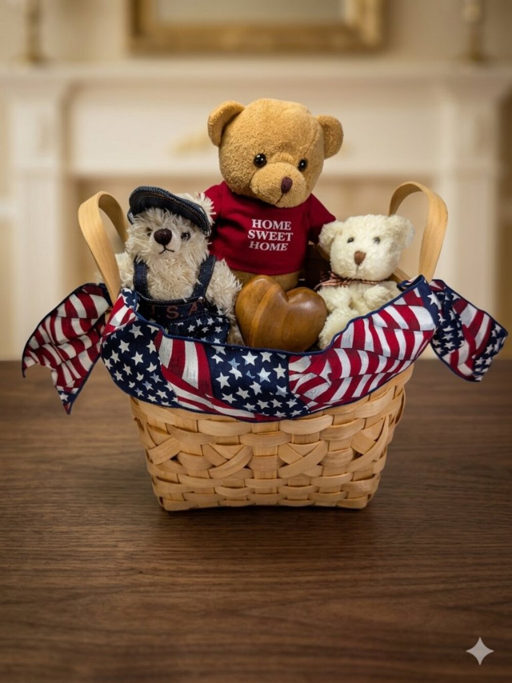 Patriotic "Home Sweet Home" Teddy Bear & Vintage Style Basket Set Decor Bundle
